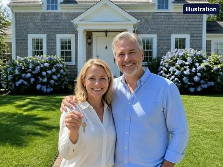 Illustration (AI-generated image): a smiling couple holding house keys in front of a gray-shingled house with white trim